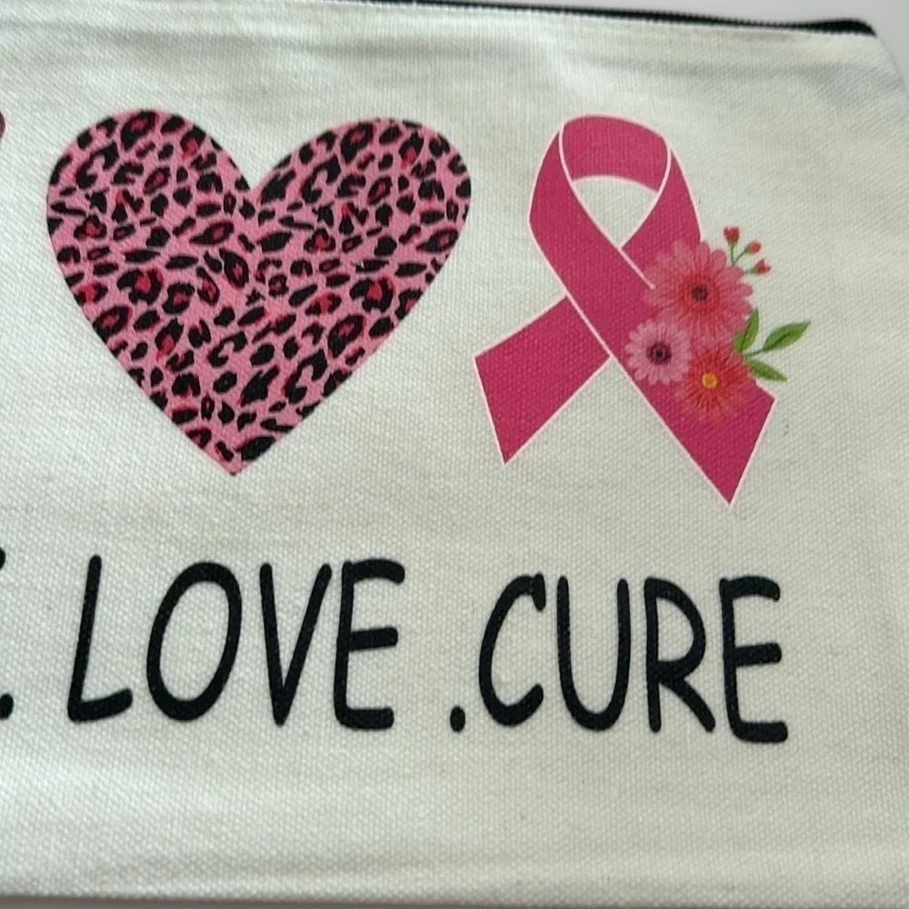 Breast Cancer Awareness Canvas Makeup Bag PEACE. LOVE. CURE / NEW